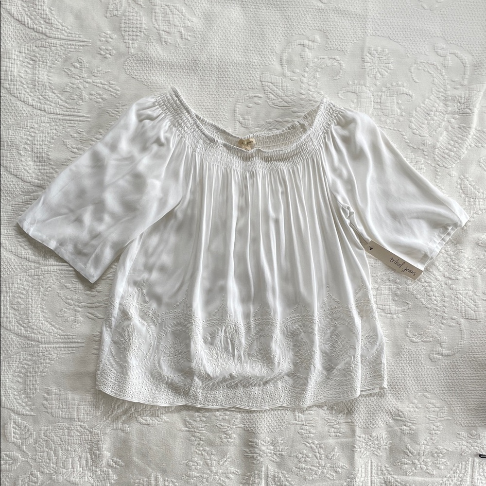 White Smocked Neck Blouse